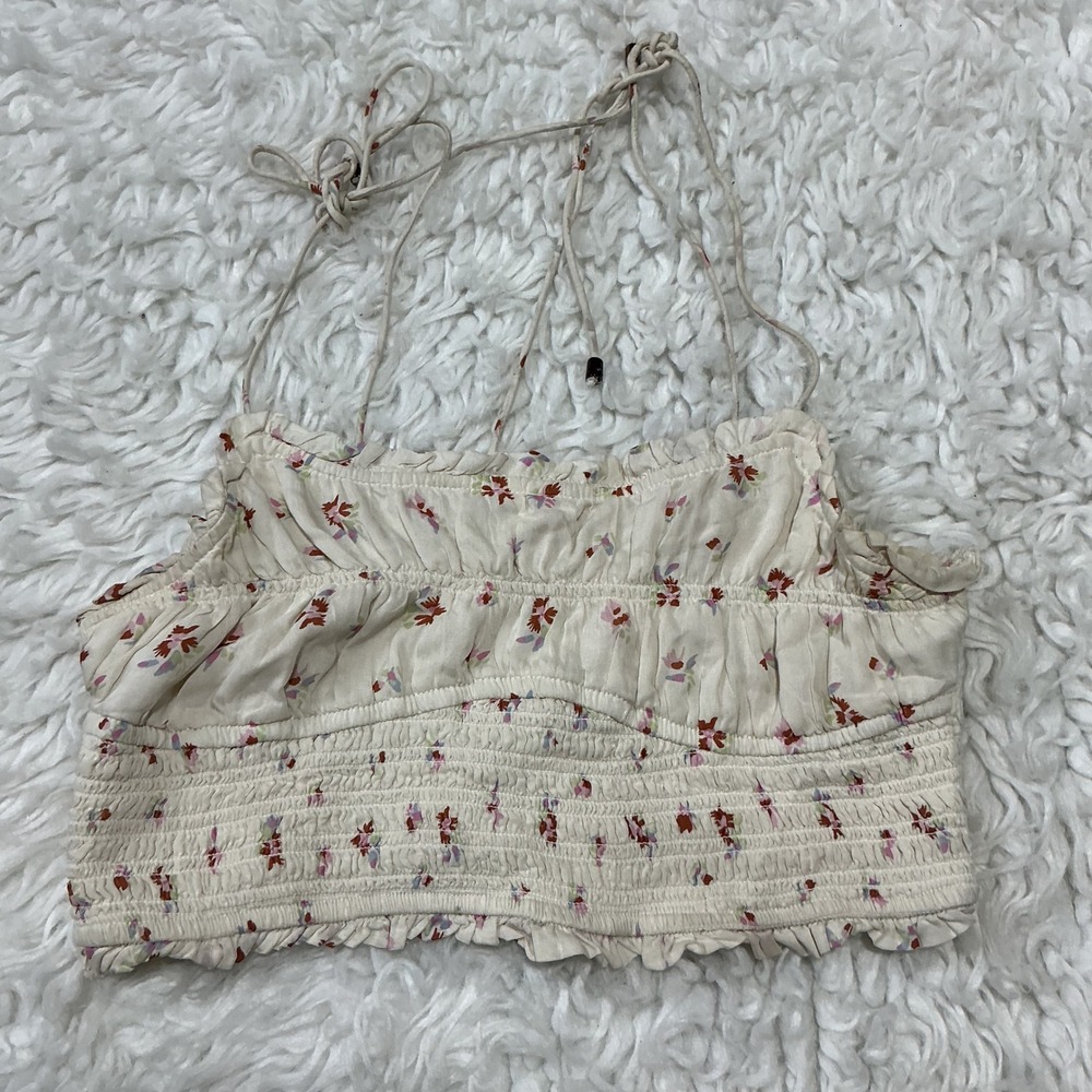Free People Floral Smocked Crop Top Ivory Boho Tie Strap XS Cottagecore Tank